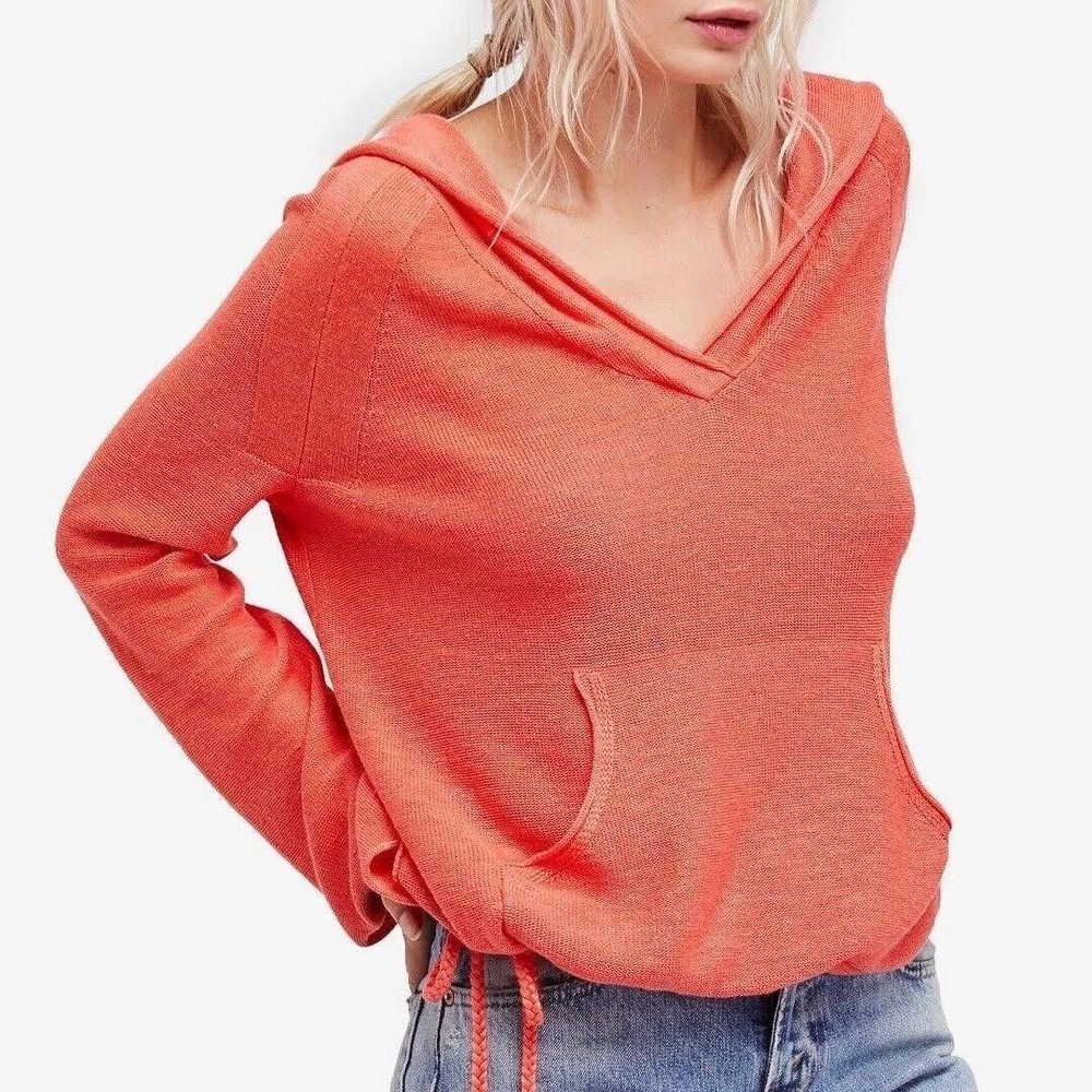 Free People Hoodie Women Small Coral Linen Blend Knit Drawstring OB718955